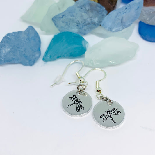 Hand Stamped Dragonfly Silver Wire Earrings with Backs | Hand Stamped Metal Dragonfly Firefly Earrings | Gifts for Her | Nature Earrings