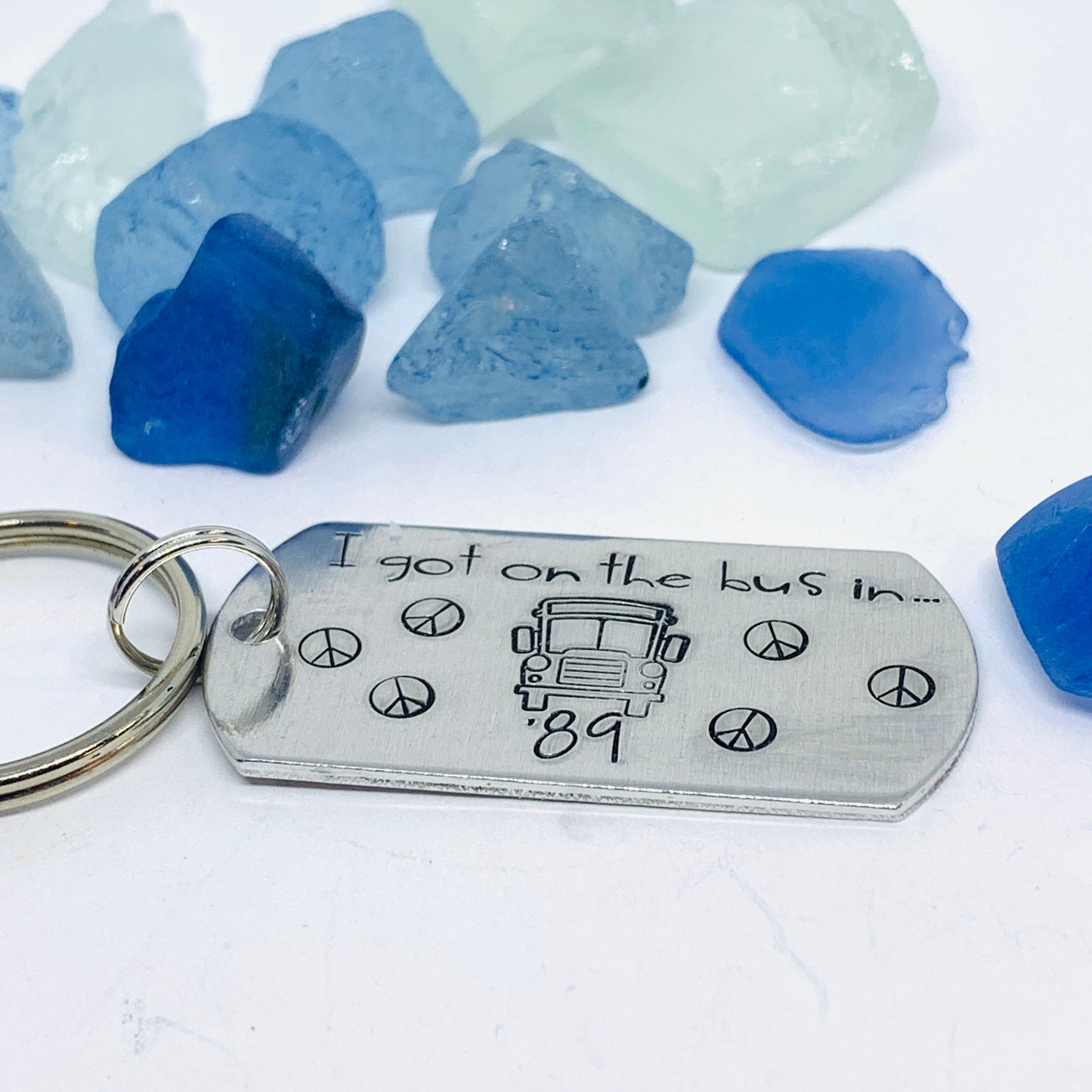 I got on the bus in … (year) Keyring | Hand Stamped Metal Keyring | Grateful Dead Themed Gift for Dead Heads | School Bus |  Groupies Gift Idea |