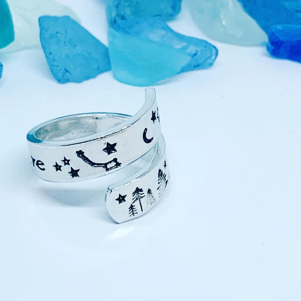 Wander More Hand Stamped Wrap Ring | Nature Lover | Outdoorsy Hiker | Gift for Her | Mountain Wrap Ring | Valentine’s Gift | Trees Mountains