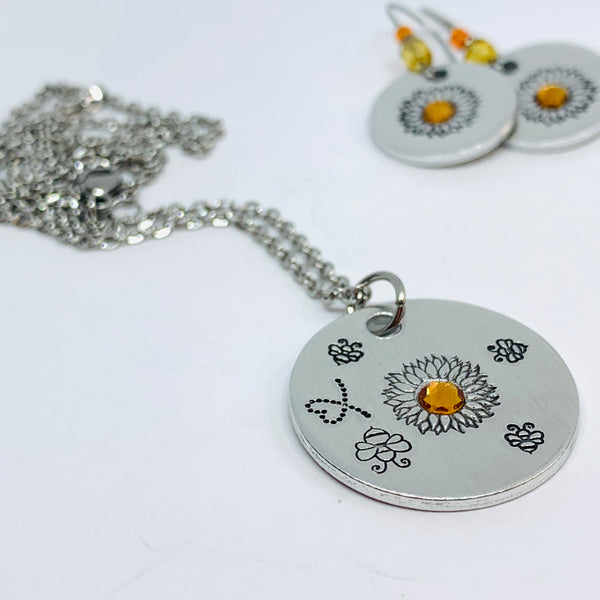 Sunflower and Bumblebees with Swarovski Crystal - Hand Stamped Necklace