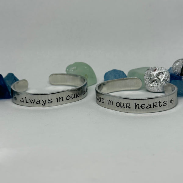 ☘️ Always in our Hearts ☘️ Hand Stamped Cuff Bracelet | Personalized Gaelic | St. Patrick’s Day | Custom Jewelry | Shamrock Celtic Hearts