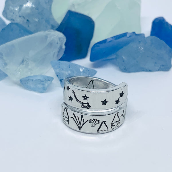 Gnome Garden Hand Stamped Wrap Ring | Gnome Ring | Garden Grass Gnome Firefly Ring | Moons Stars Gnomes Bees Grasses Fireflies | Fantasy