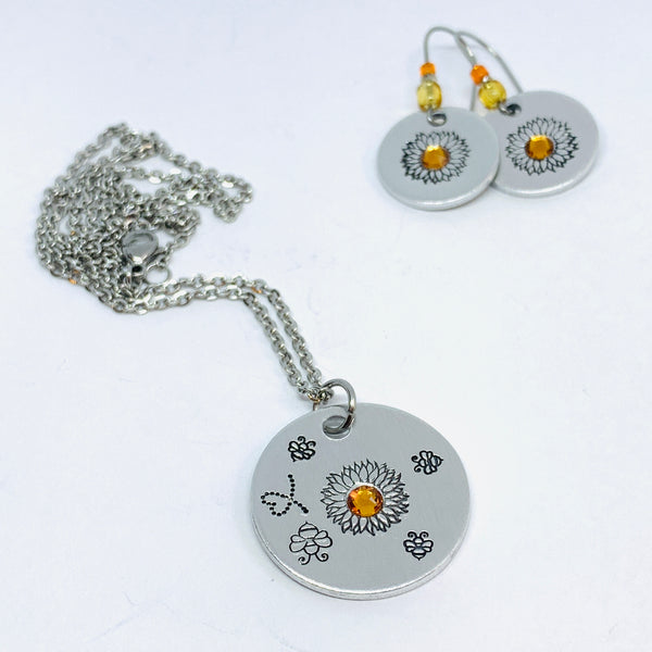 Sunflower and Bumblebees with Swarovski Crystal - Hand Stamped Necklace