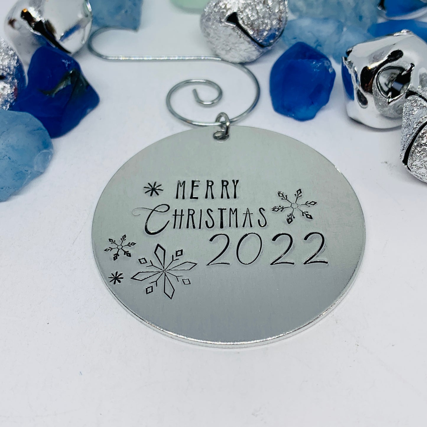Merry Christmas 2022 Hand Stamped Ornament | Aluminum Round Snowflakes | Christmas | Hand Crafted Tree Decor | Holiday Decoration
