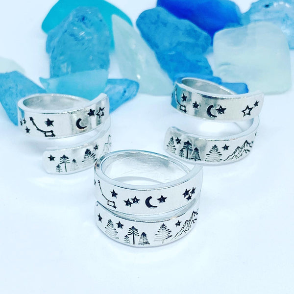 Wander More Hand Stamped Wrap Ring | Nature Lover | Outdoorsy Hiker | Gift for Her | Mountain Wrap Ring | Valentine’s Gift | Trees Mountains