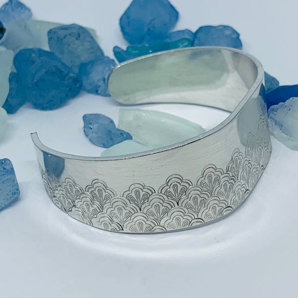 Scalloped Fan Tapered Partial Hand Stamped Cuff Bracelet | Vintage Design