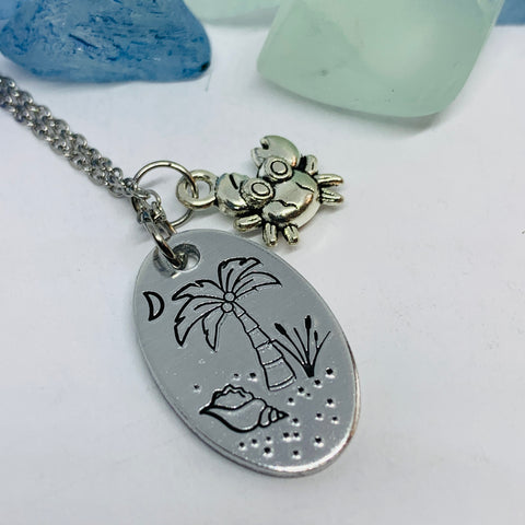 Beach Scene - Hand Stamped Necklace | Tropical | Vacation Jewelry | Crab Charm | Palm Trees Sand Shells Crescent Moon | Cruise | South Carolina