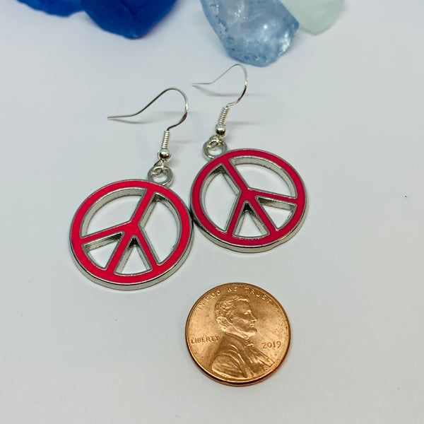Peace Signs Pink Enamel Earrings with Silver Wires and Backs | Make Love Not War Earrings | Gifts for Her | Love Earrings | Acceptance Earrings