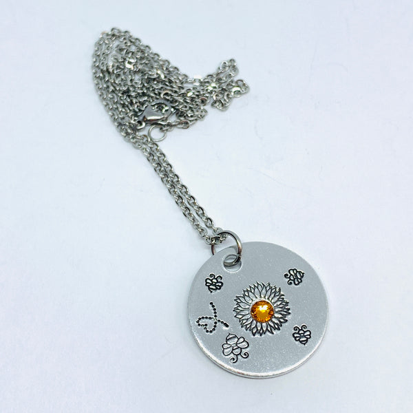 Sunflower and Bumblebees with Swarovski Crystal - Hand Stamped Necklace