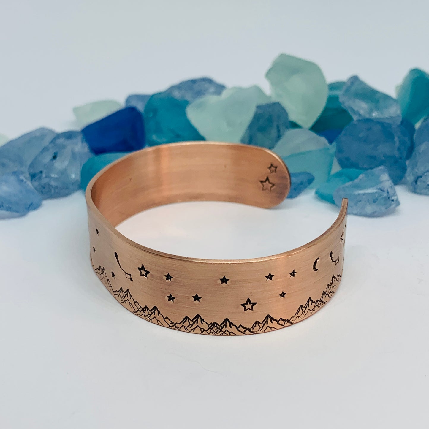 Hand Stamped Copper Mountainscape Cuff Bracelet | Mountains Stars Moons Dipper | Gift for Her | Copper Patina