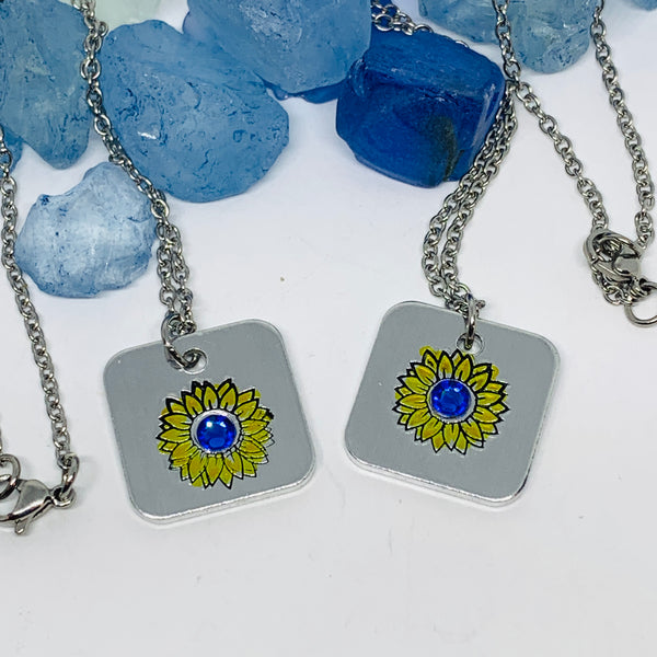 Sunflower - Hand Stamped Necklace | Hand-painted Ukrainian Sunflower Designs | Sunflower Peace | No War | Swarovski Crystal | Solidarity