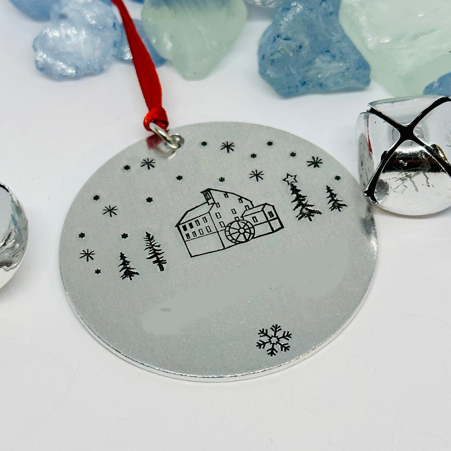 Grist Mill Hand Stamped Ornament | Clinton NJ Red Mill Museum Aluminum Round Ornament | Christmas | Hand Crafted Tree Decor | Holiday Decoration 2022