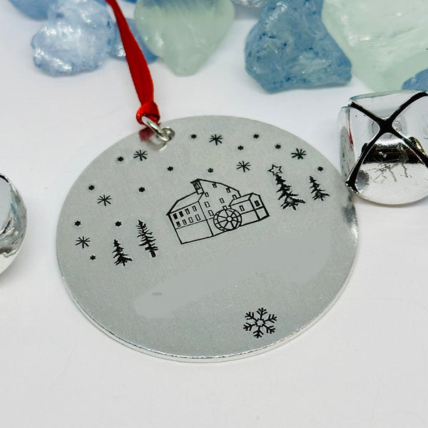 Grist Mill Hand Stamped Ornament | Clinton NJ Red Mill Museum Aluminum Round Ornament | Christmas | Hand Crafted Tree Decor | Holiday Decoration