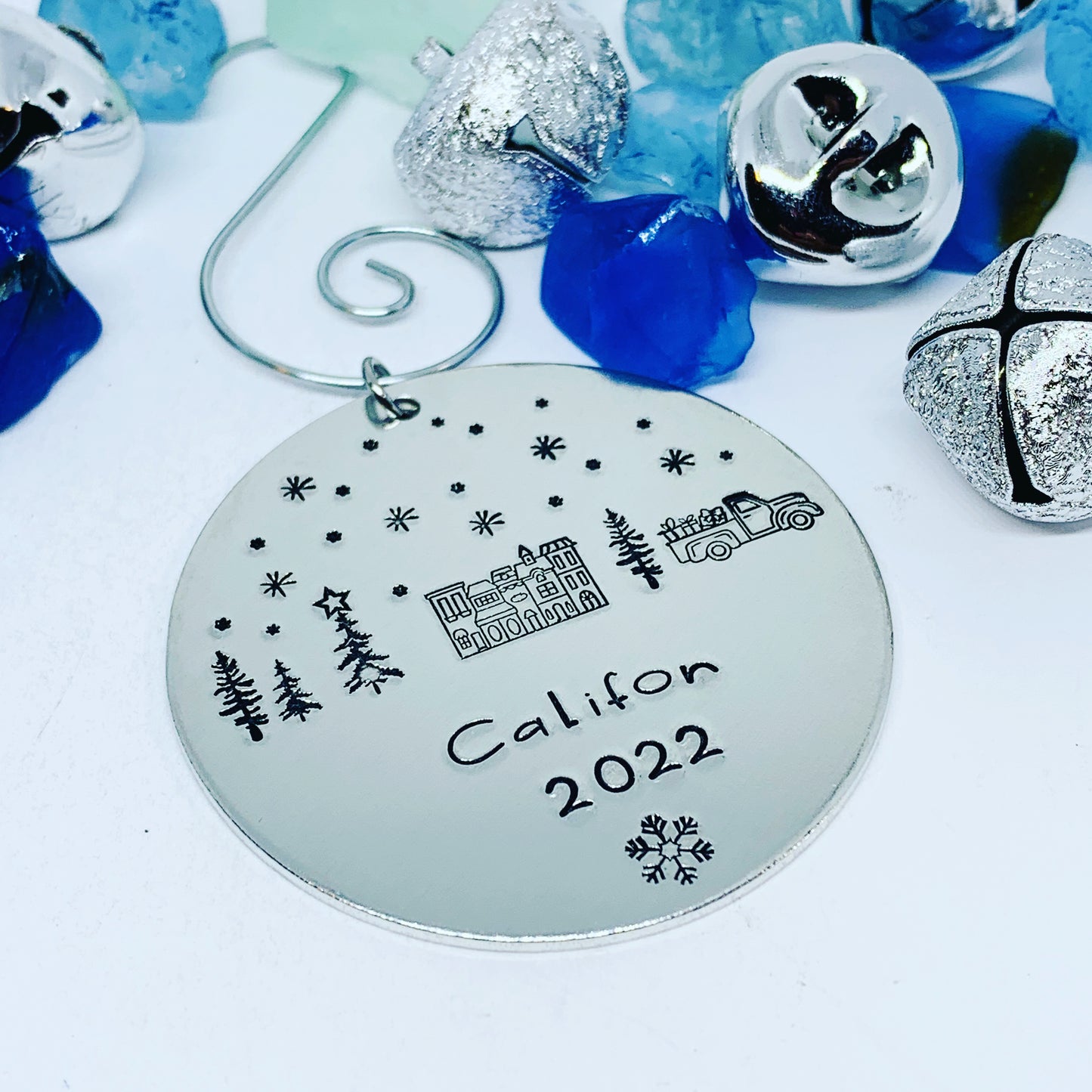 Home Town Hand Stamped Ornament | Aluminum Round Ornament | Christmas Ornament | Hand Crafted Tree Decor | Holiday Decoration