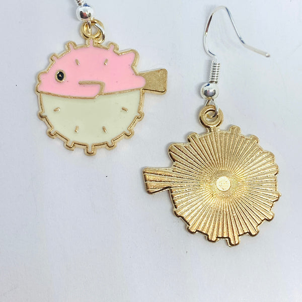 Blowfish Pink/Ivory Enamel Earrings with Silver Wires and Backs | Blow Fish Earrings | Gifts for Her | Fish Earrings | Under the Sea Fun Earrings