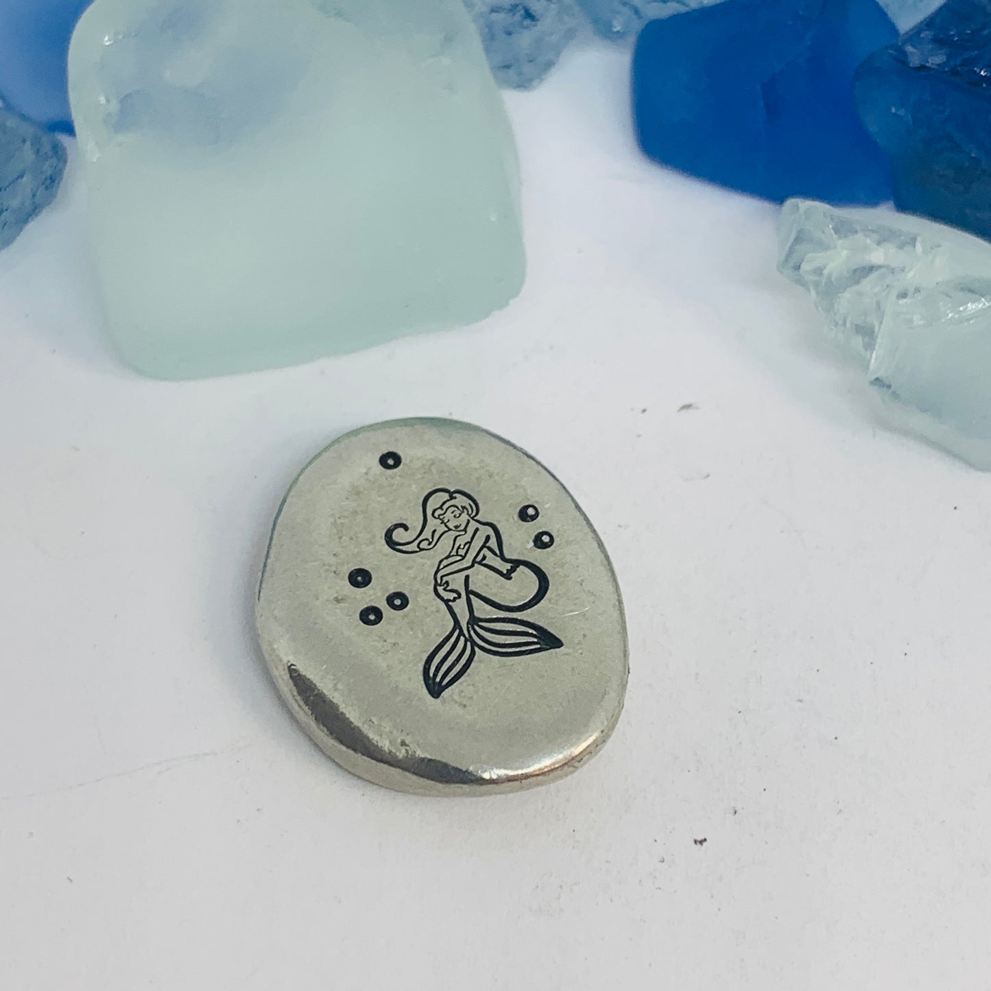 Beach Themed Pewter Pocket Pebble | Worry Stone | Ease Anxiety | Sea Shells Mermaid