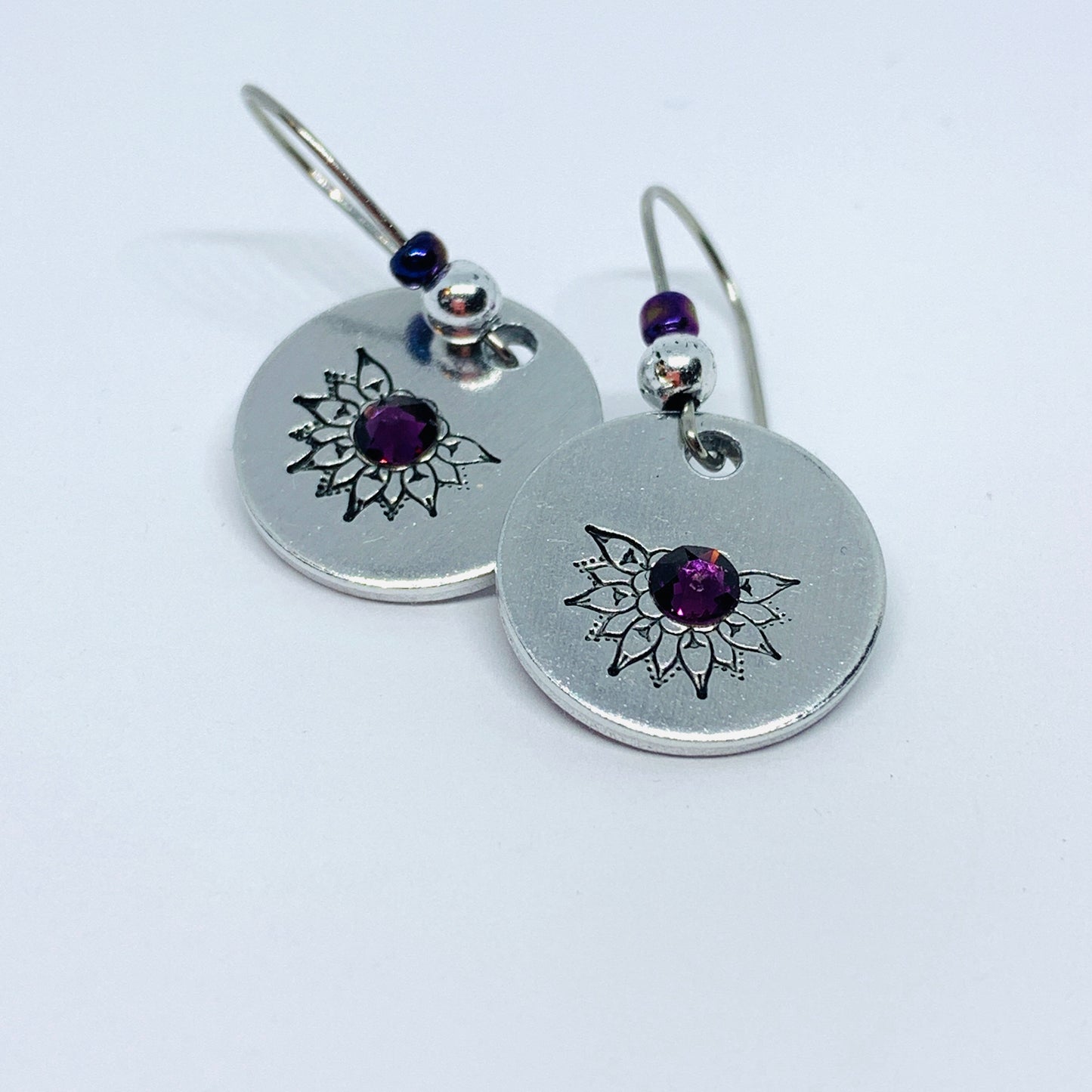Intricate Mandala with Swarovski Crystals - Hand Stamped Earrings