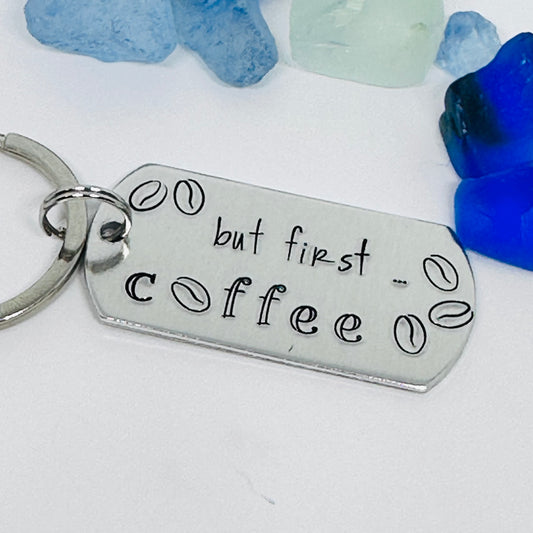 But First Coffee Keyring | Hand Stamped Metal Keyring | Gift for Caffeine Lovers | Java Keychain Gift | Coffee Beans