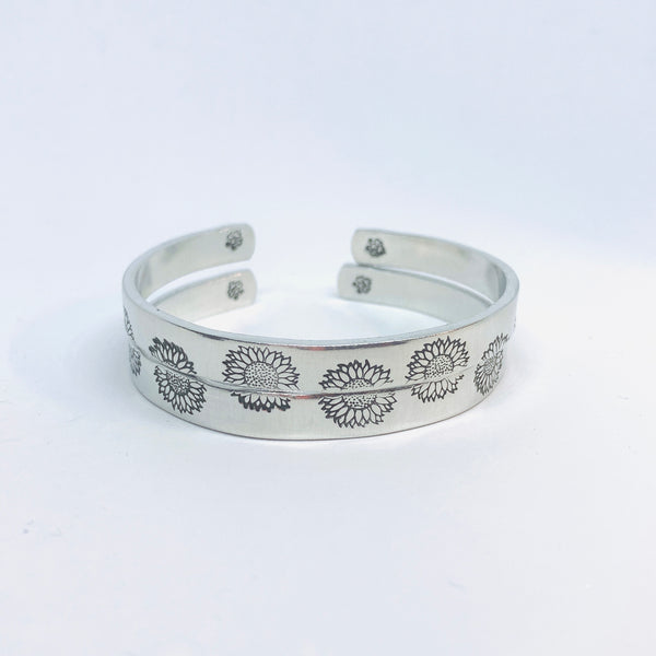 Sunflowers (Stacking Pair) - Hand Stamped Cuff Bracelet