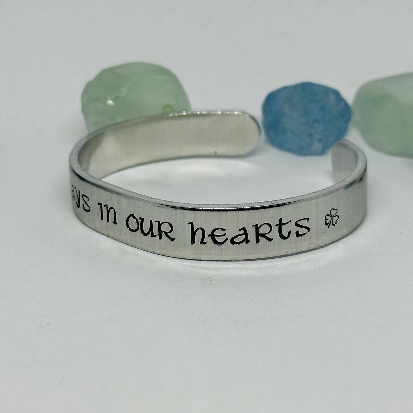 ☘️ Always in our Hearts ☘️ Hand Stamped Cuff Bracelet | Personalized Gaelic | St. Patrick’s Day | Custom Jewelry | Shamrock Celtic Hearts