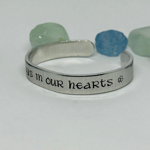 ☘️ Always in our Hearts ☘️ Hand Stamped Cuff Bracelet | Personalized Gaelic | St. Patrick’s Day | Custom Jewelry | Shamrock Celtic Hearts