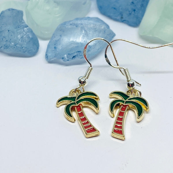 Palm Trees Enamel Earrings with Silver Wires and Backs | Tropical Earrings | Gifts for Her | Tree Earrings