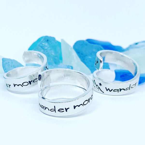 Wander More Hand Stamped Wrap Ring | Nature Lover | Outdoorsy Hiker | Gift for Her | Mountain Wrap Ring | Valentine’s Gift | Trees Mountains