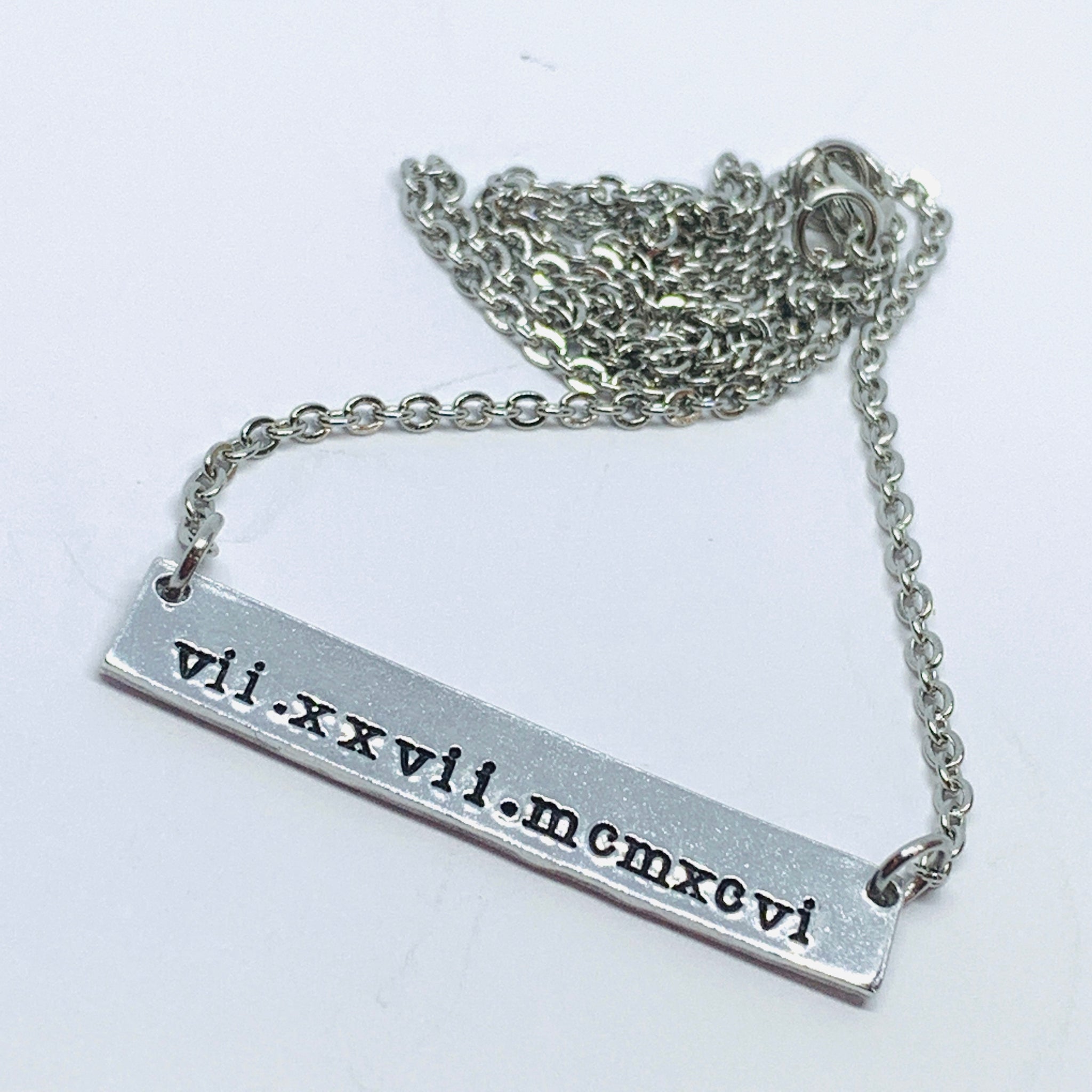 Roman Numerals - Hand Stamped Bar Necklace