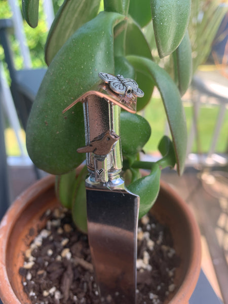 Vintage Silverware Bird House Plant Stake | Decorative Cheese Spreader | Bird Watcher Letter Opener | Copper Silverware Charms