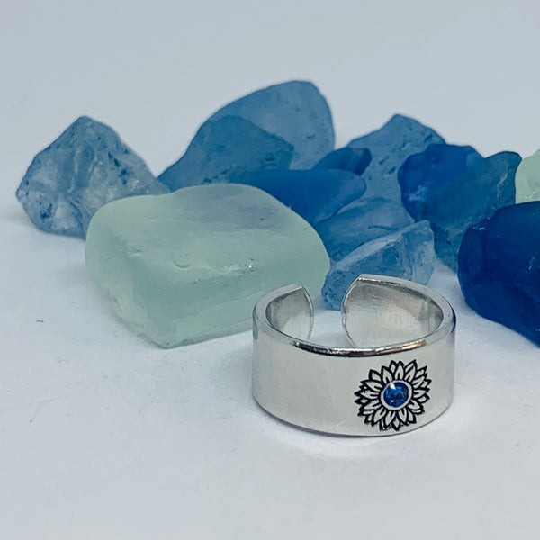 Sunflower Hand Stamped Cuff Ring with Swarovski Crystal | Birthstone Ring | Outdoorsy Nature Flowers | Gift | Ukraine