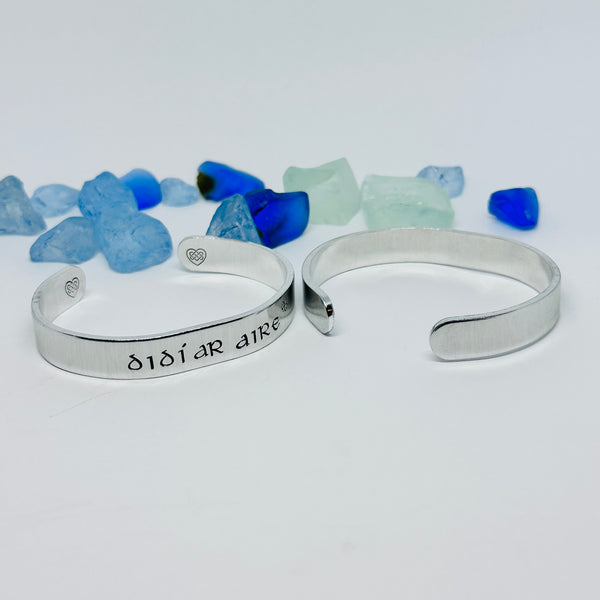 Irish Name Hand Stamped Cuff Bracelet | Personalized Gaelic Name Bracelet | St. Patrick’s Day | Custom Jewelry | Shamrock Celtic Hearts
