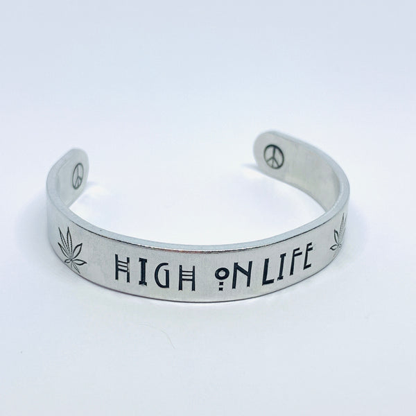 High on Life Hand Stamped Cuff Bracelet | Marijuana Hemp Leaf Dispensary Mary Jane | Stoned | Weed