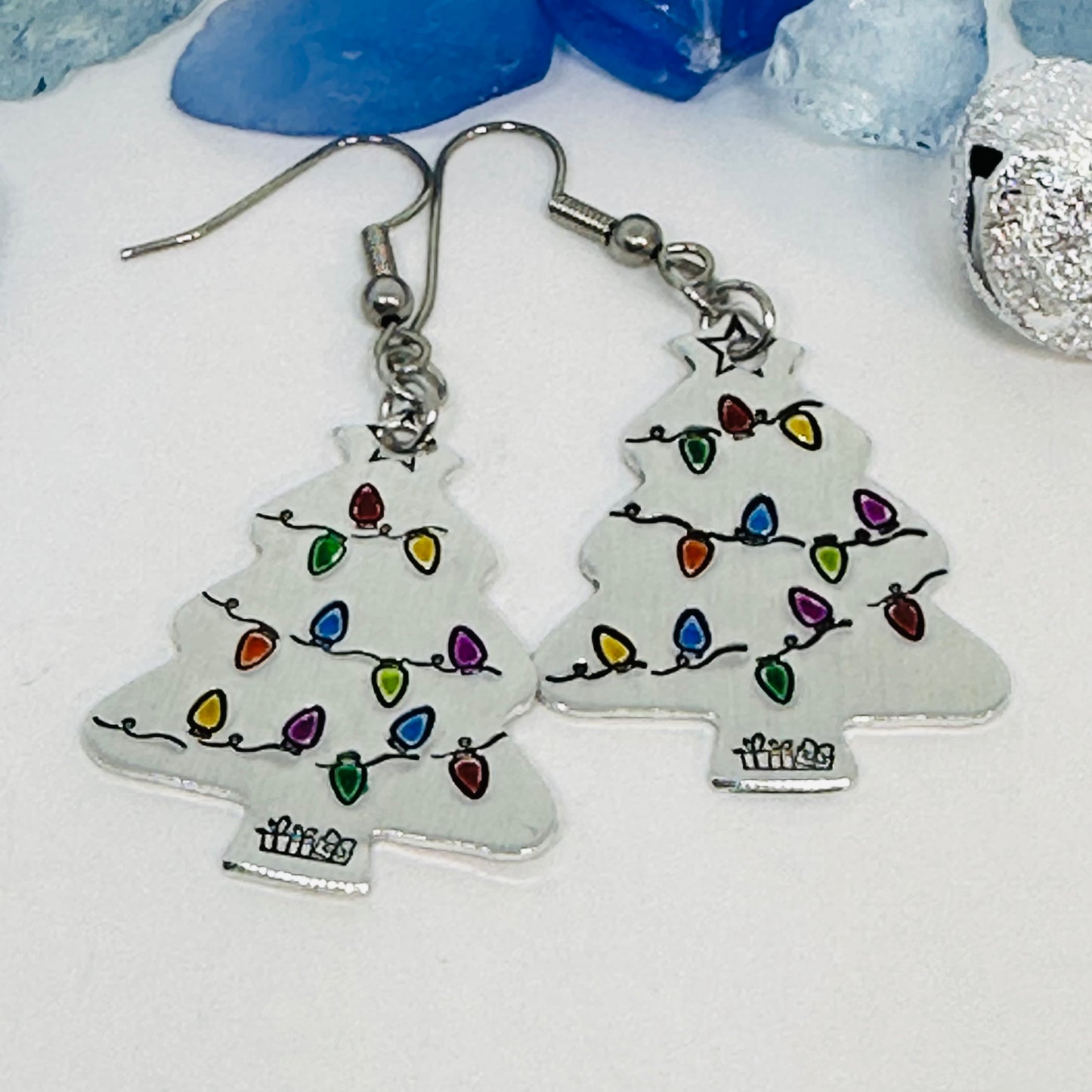 Hand Stamped Christmas Tree Earrings | Painted Christmas Tree Light Bulbs | Gifts for Her | Fun Holiday Earrings | Holiday Jewelry | Funky
