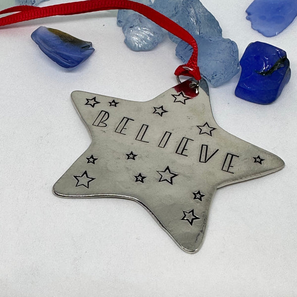 BELIEVE - Hand Stamped Pewter Star-Shaped Ornament | Christmas Tree Ornament | Hand Stamped Star Ornament