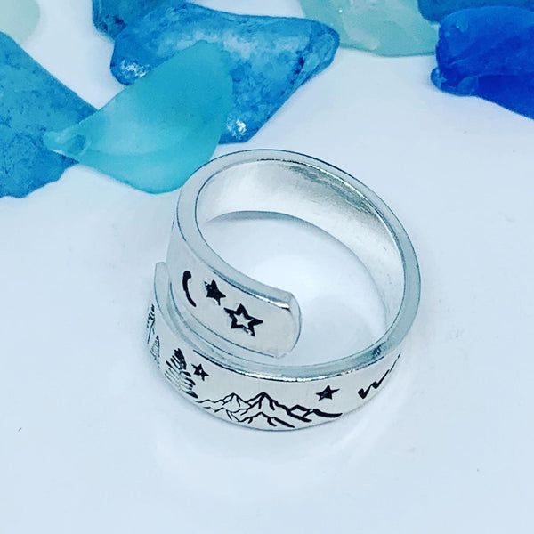 Wander More Hand Stamped Wrap Ring | Nature Lover | Outdoorsy Hiker | Gift for Her | Mountain Wrap Ring | Valentine’s Gift | Trees Mountains