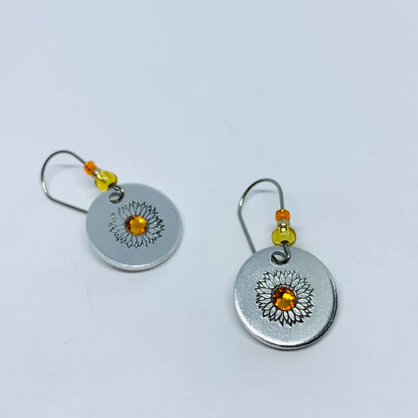 Sunflowers with Swarovski Crystals - Hand Stamped Earrings