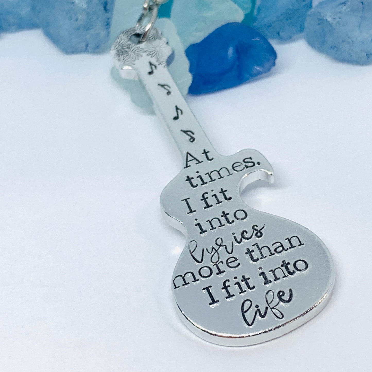 Guitar Shaped Hand Stamped Key Ring | Music Quote | The Pause is as Important as the Note | Truman Fisher | Musician Gift | Fit into Lyrics