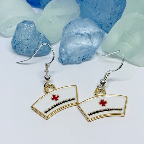 Nurse Cap Enamel Earrings with Silver Wires and Backs | Healthcare Hero Earrings | Gifts for Her | Nurse Earrings
