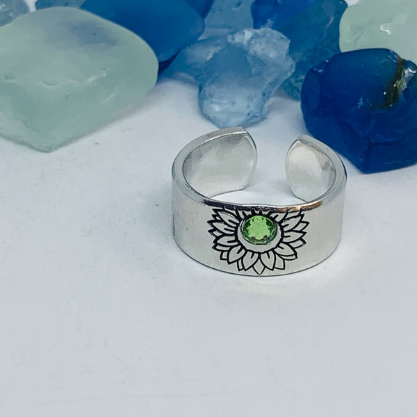 Sunflower Hand Stamped Cuff Ring with Swarovski Crystal | Birthstone Ring | Outdoorsy Nature Flowers | Gift | Ukraine