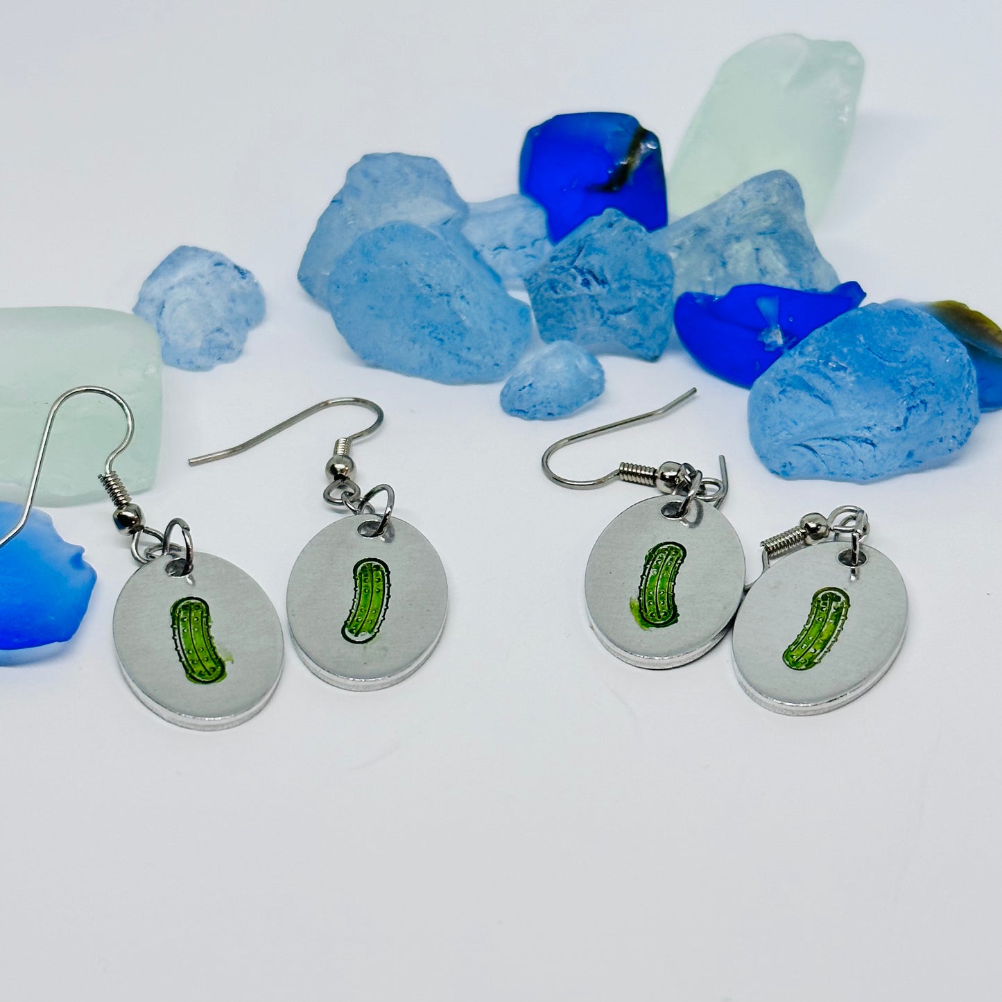 Pickles Hand Stamped & Painted Oval Drop Earrings | Green Pickles on Surgical Steel Ear Wires | Pickle Fest | Picklelicious
