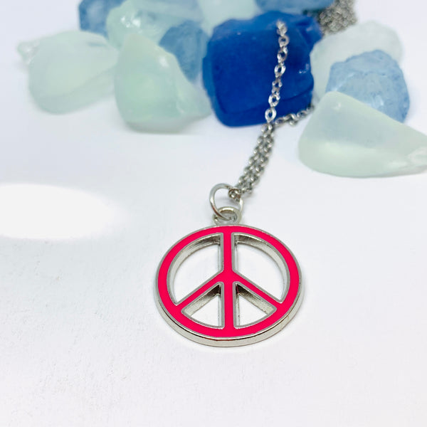 Peace Signs Pink Enamel Necklace | Make Love Not War | Gifts for Her