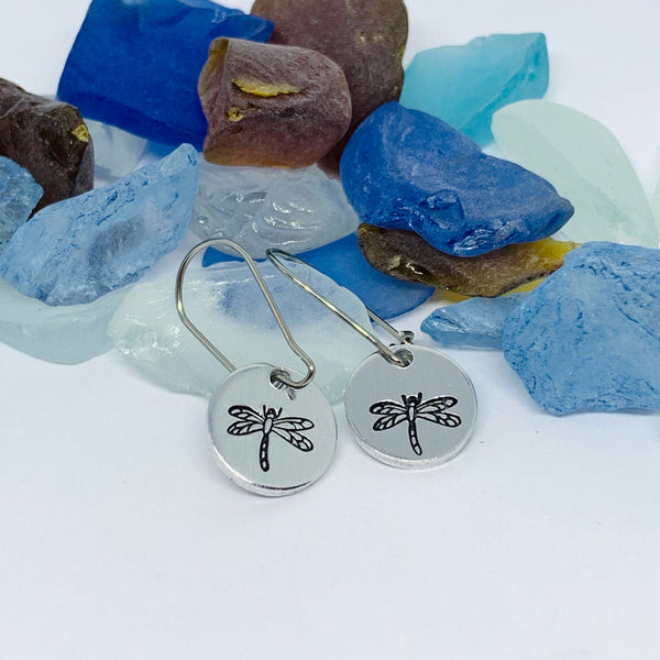Hand Stamped Dragonfly Silver Wire Earrings with Backs | Hand Stamped Metal Dragonfly Firefly Earrings | Gifts for Her | Nature Earrings