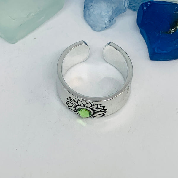 Sunflower Hand Stamped Cuff Ring with Swarovski Crystal | Birthstone Ring | Outdoorsy Nature Flowers | Gift | Ukraine
